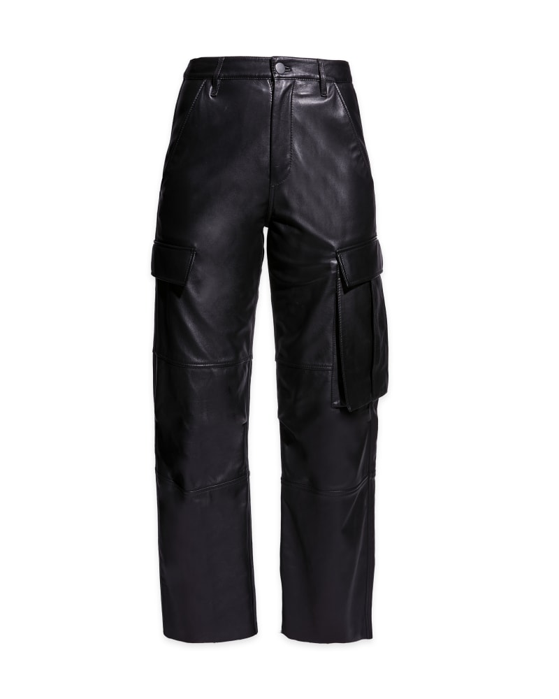 Front of a size 3XL Cole Upcycled Leather Cargo Pants in Black by AS by DF. | dia_product_style_image_id:299416